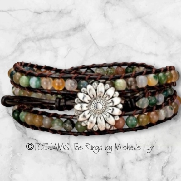 TOEJAMSToeRings Jewelry - FRIENDSHIP BRACELET Daisy Button Leather and Quartz Adjustable Wrap Hand…